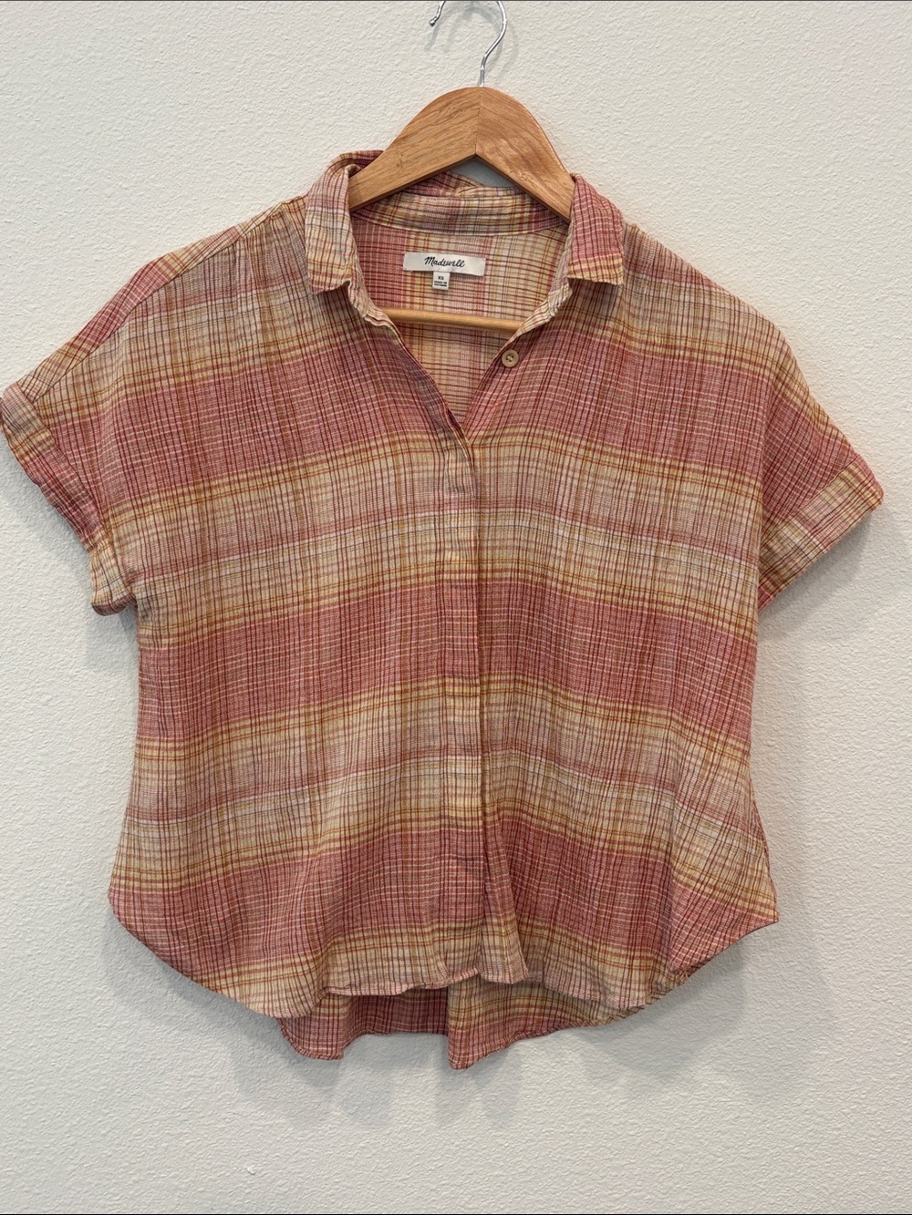 Madewell 100% Cotton Pink and Cream Plaid Short-Sleeve Button-Down Shirt Size XS